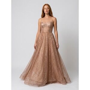 (b39/20)Champagne Sparkly Sequin Party   Evening Long Prom Dresses Size 6